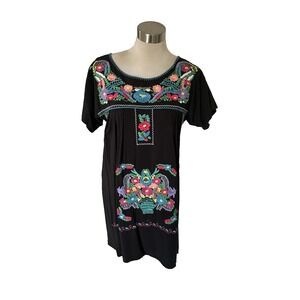 Izzy & Lola Black‎ Mexican Floral Embroidered Boho Spanish Short Dress Size L